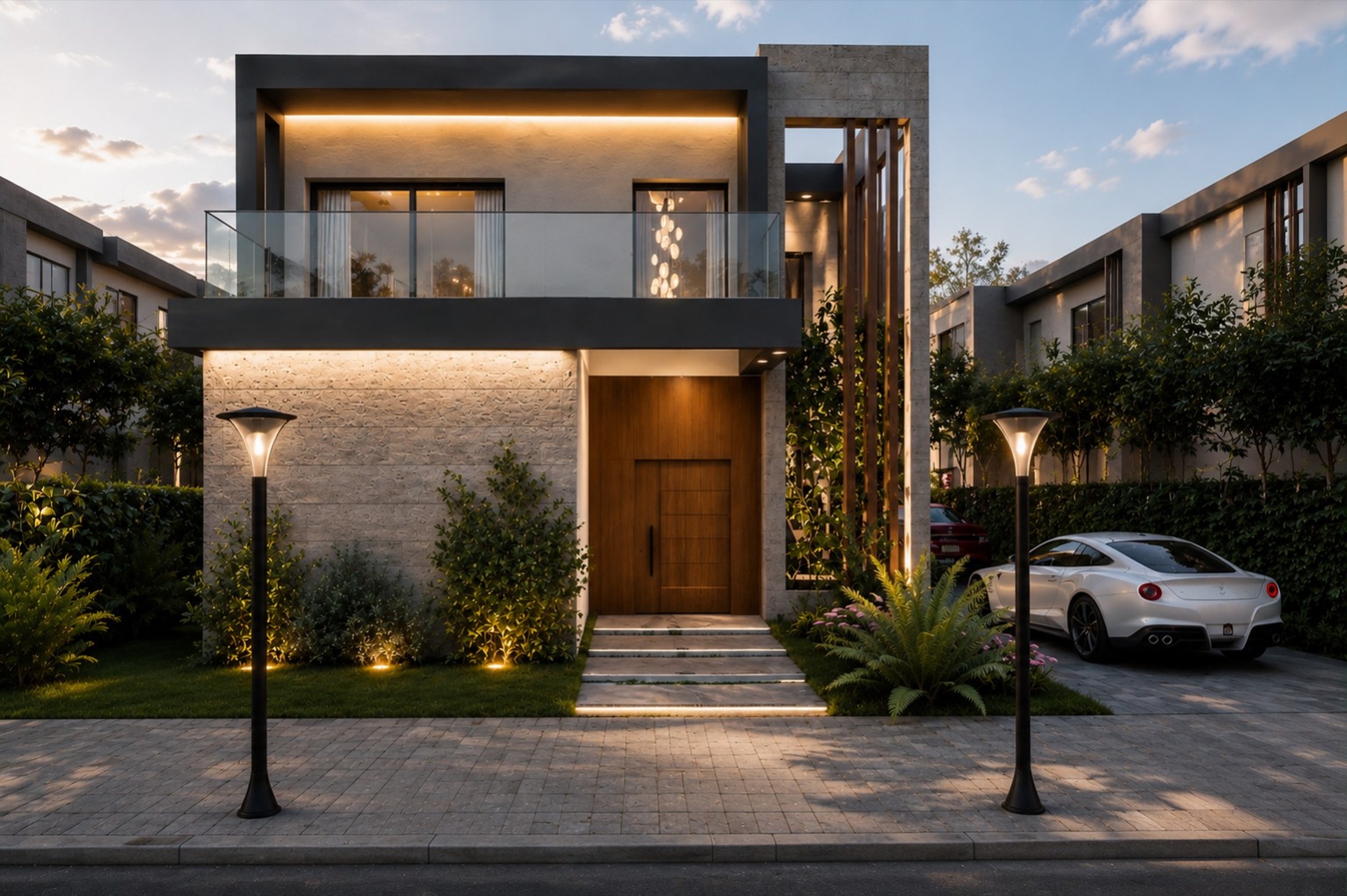 Villa contemporaine au crépuscule, façade illuminée — MK Architecture, Rabat