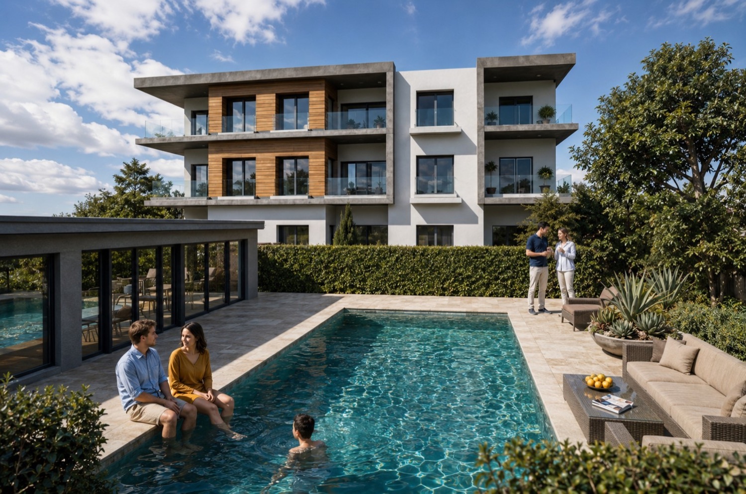 Immeuble résidentiel avec piscine et jardin