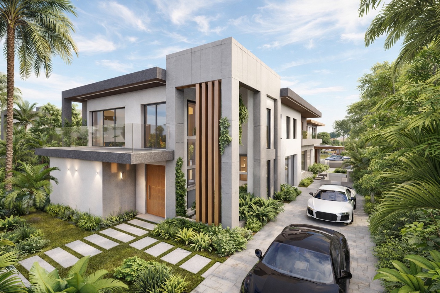 Villa contemporaine en pierre et bois, jardin paysager