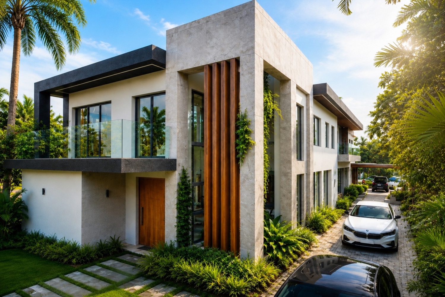 Villa moderne en pierre et bois, entrée paysagée
