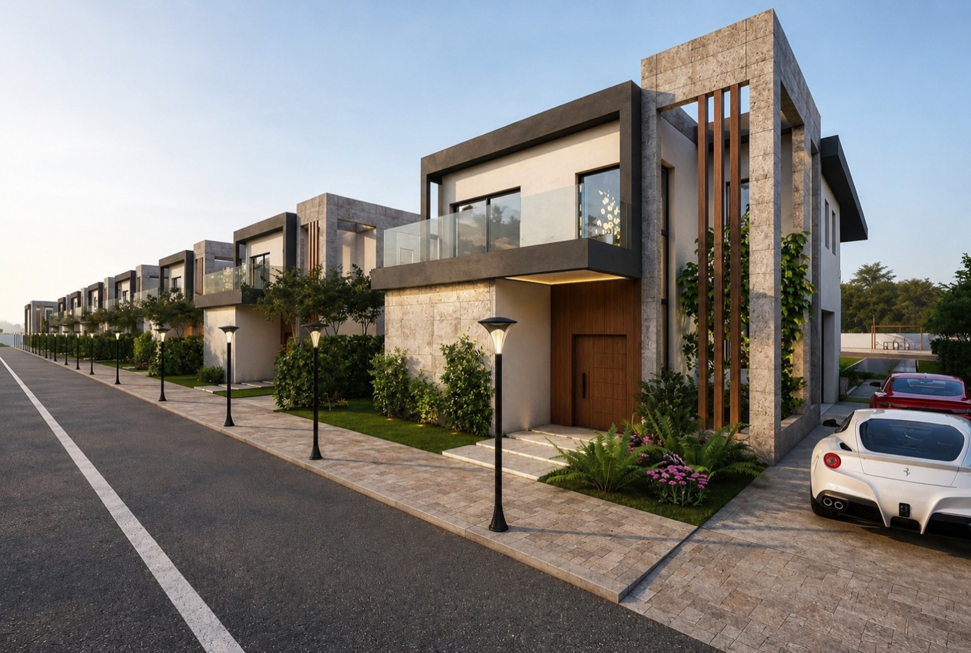 Résidence fermée de villas contemporaines au crépuscule