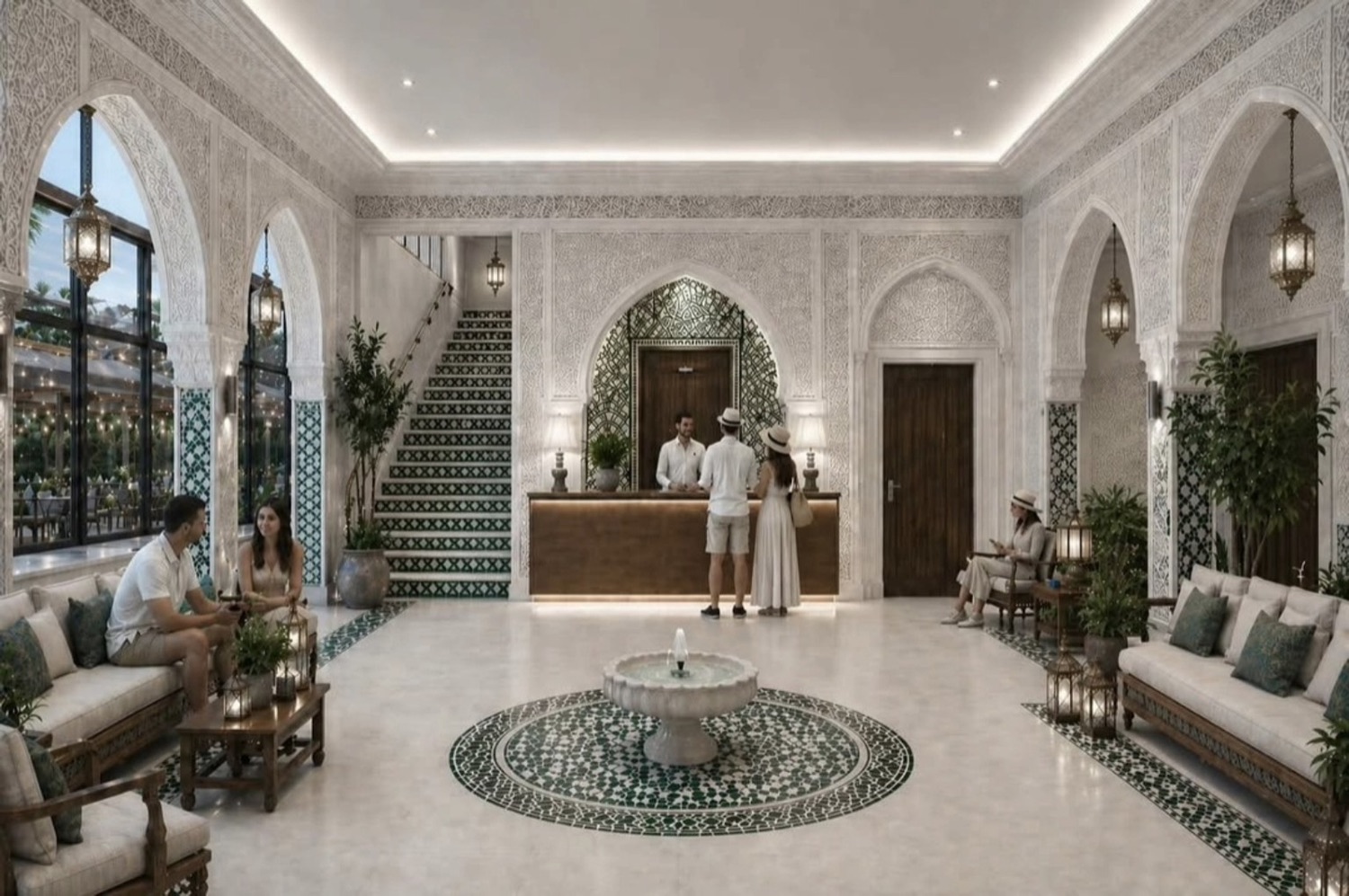 Lobby d’accueil d’hôtel aux zelliges et fontaine