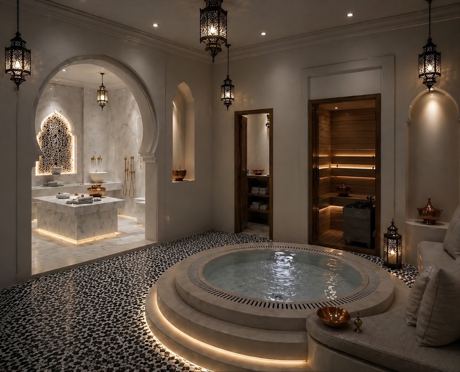 Spa et hammam aux zelliges, bassin et lanternes